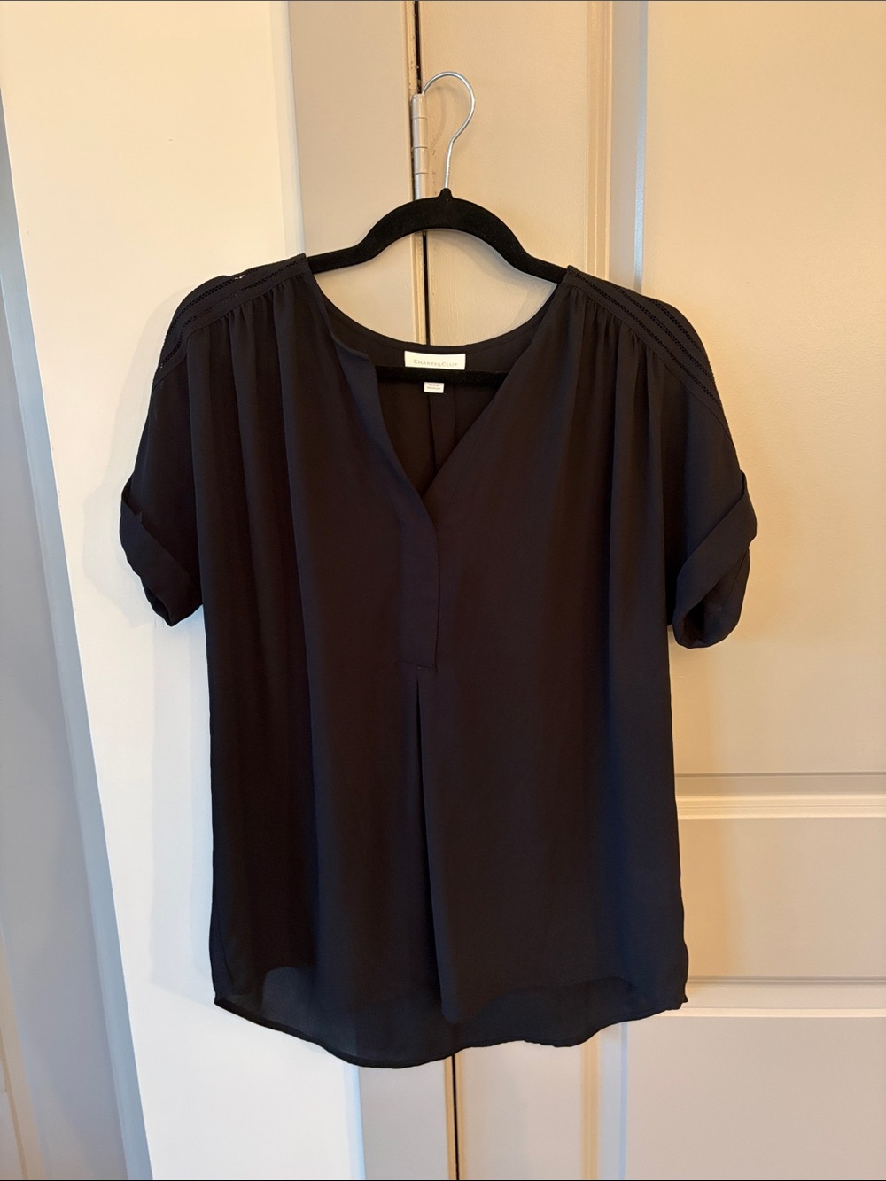 Charter Club Black V-Neck Short Sleeve Blouse